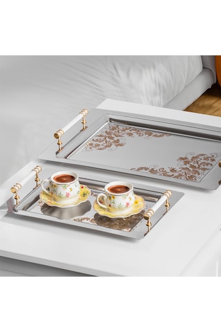 Porsima Yüzük 2li Paslanmaz Çelik Gümüş Kahve Sunum Tepsisi