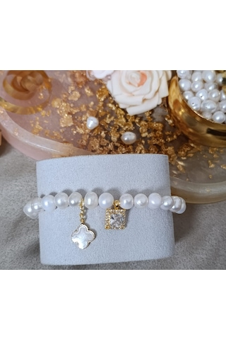 Gerçek İnci Yonca Kalp Detay Altın Kaplama Kadın Bileklik Gold