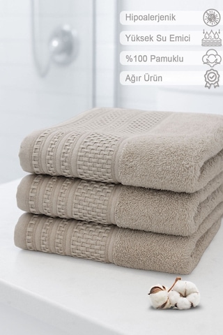 Softure 3 Lü El Yüz Havlusu Günlük Kullanım 50x90 Cm Yumuşak, Dayanıklı, Hızlı Kuruyan Bej