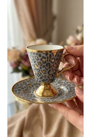 Alfafe Home Leopar Desenli Ayaklı Porselen Kahve Fincanı Takımı 6 Kişilik Altın Yaldızlı Fincan Seti Gri