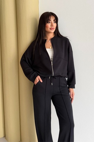 Balenbi Kadın Oversize Fermuarlı Modal Spor Takım Wide Leg Bol Paça 1194 - Form Serisi Siyah