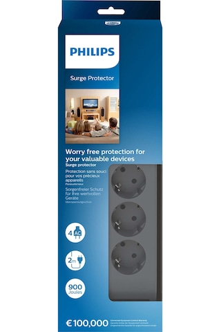 Philips SPN3140A/62 900J 4'lü Çocuk Korumalı Akım Korumalı Priz 2 Metre Siyah