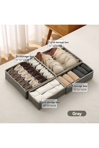 Yaleker Gri 4'lü Farklı Bölmeli Giyim Organizer Seti - Çok Bölmeli, Katlanabilir, Pamuk Keten, Gömlek, Çorap, İç Giyim Depolama Kutuları 6+7+8+24 Bölmeli Gri