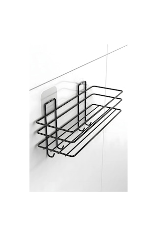 Siyah Yapışkanlı 3'lü Banyo Ve Mutfak Rafı 2 Adet Raf Ve Kancalı Raf Banyo Ve Mutfak Düzenleyici Siyah