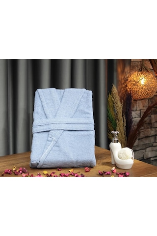 Plain Şal Yaka Büyük Beden Tek Banyo Bornozu Mavi Mavi