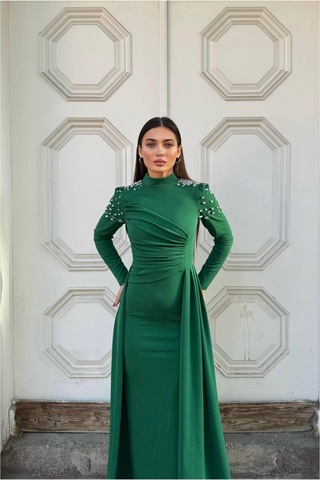Khi-zai Kadın Trend Dik Yaka Taş Detaylı Uzun Kollu Elbise Zümrüt