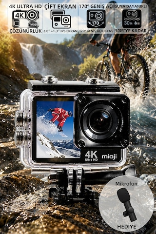 Mioji Action 12x 4k 60fps 20mp Çift Ekran Wifi 170 Aksiyon Kamerası Siyah