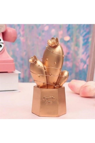 Led Işıklı Sevimli Kaktüs Dekoratif Masa Lambası Mini Biblo Gece Lambası Gold Beyaz