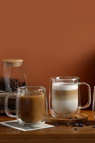 2 Adet Kulplu Çift Cidarlı Cam Çay Ve Kahve Kupası 250 Ml