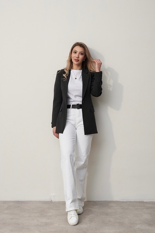 Rabia Çelik Kadın Siyah Tek Düğmeli Kol Detaylı Marka Model Blazer Ceket Siyah Siyah