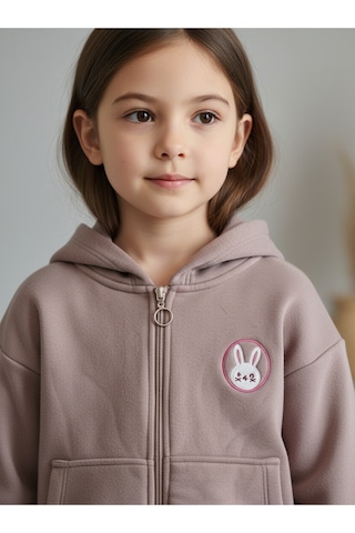 Minik Tavşan Nakışlı Fermuarlı Kapüşonlu Kız Çocuk Polar Hırka Kahverengi