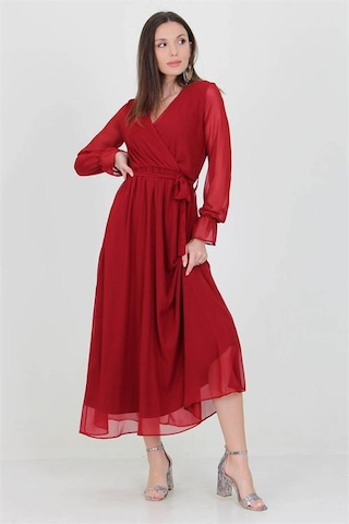Neşeli Butik Kadın Bordo Yeni Sezon Astarlı Kruvaze Yaka Uzun Şifon Elbise Nb003 Bordo