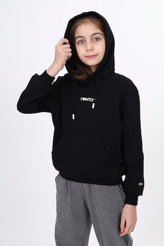 Toontoy Kız Çocuk Oversize Kapüşonlu Cepli Düşük Omuz Baskılı Sweatshirt - 2 İplik Siyah