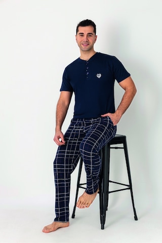 Estiva Erkek Kareli Alt Desenli Lacivert Kısa Kollu Patlı Penye Pijama Takımı Çok renkli