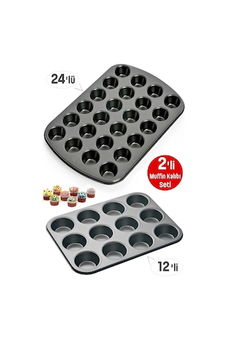 Muffin Kalıbı 24'lü Mini + 12'li Büyük Cupcake Kek Kapsülü Yanmaz Yapışmaz Baking Pan Fırın Kalıbı Siyah