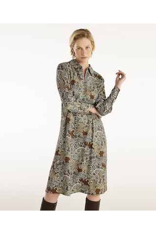 Yargıcı Pensli Uzun Kollu Yakası Fermuarlı Elbise Kahverengi