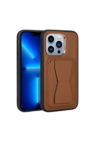 Zore Apple iPhone 13 Pro Max Uyumlu Kartlıklı Standlı Pu Deri Omsy Memo Kılıf-kahverengi