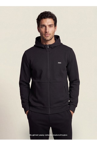 Dkny Dkfw26062-100 Logo Patch Hoodie Siyah Erkek Kapüşonlu Logo Baskılı Örme Sweatshirt