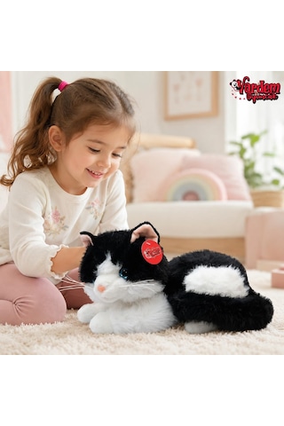 36 Cm Peluş Sesli Kedi Oyuncak, 4 Asorti Renk Seçenekli Yumuşak Kedi Peluşu, Ses Efektli Çocuk Oyuncağı, Sarılmalık Uyku Arkadaşı Ve Hediye Peluş Kedi Pjh14473 Siyah-beyaz
