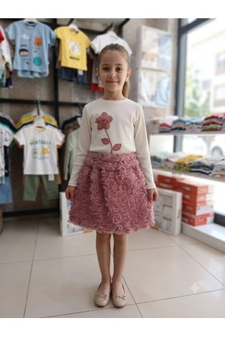 Pembe Life Kids Kız Çocuk Gül Detaylı Takım Beyaz - Pembe