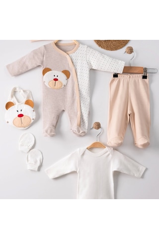 3 Ay Ayıcık Nakışlı Tulumlu Erkek Bebek 5'li Set Kahverengi Kahverengi