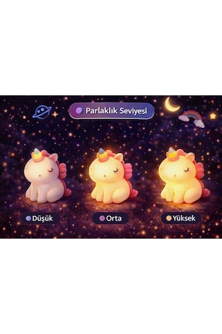 Rose Teknoloji Oturan Unicorn Dokunmatik Gece Lambası 3 Kademeli Otomatik Kapanma Özellikli Yumuşak Işık Beyaz