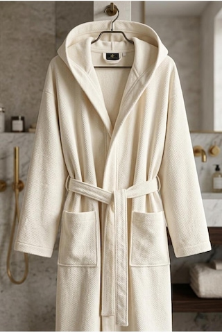 Soft Comfort Lacost Örgü Unisex Kapüşonlu Bornoz Ekru