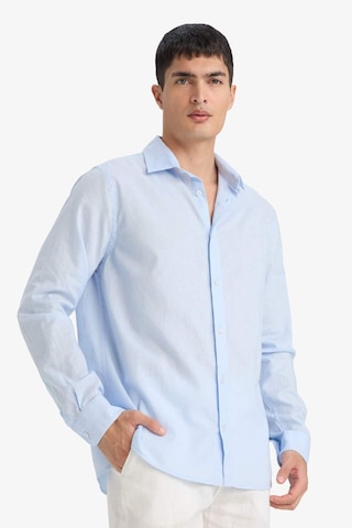 Defacto Regular Fit Polo Yaka Keten Karışımlı Yazlık Uzun Kollu Gömlek E0518ax25smbe656 Mavi