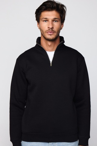 Tudors Unisex Relax Fit Rahat Kesim Pamuklu İçi Polarlı Yarım Fermuarlı Siyah Dik Yaka Sweatshirt-29035