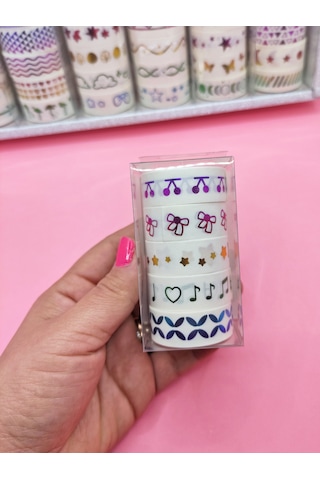 Renkli Yaldızlı Vintage Washi Tape Bant Yapışkanlı Maskeleme Kağıdı 5 Lı - Kiraz 1