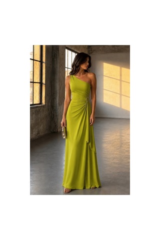 Lior Design Kadın Sade Tek Omuz Kemerli Maxi Abiye Elbise Yeşil