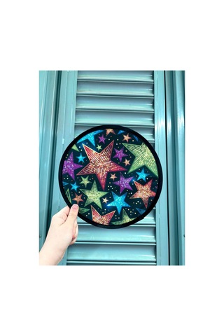Desenli Katlanabilir Yuvarlak Yazlık Çantalı Taşınabilir El Yelpazesi Renkli Yıldızlar 25cm