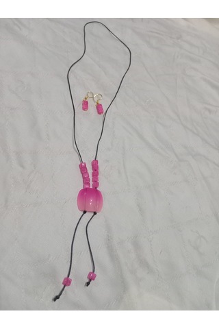 Deri İpe Yapılmış Pembe Uçlu Modern Y Kolye Ve Küpe Takımı Pembe