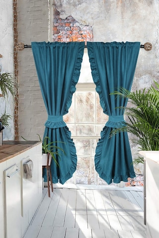 Poli Perde Çift Kanat Dikey Fırfırlı Petrol Yeşili