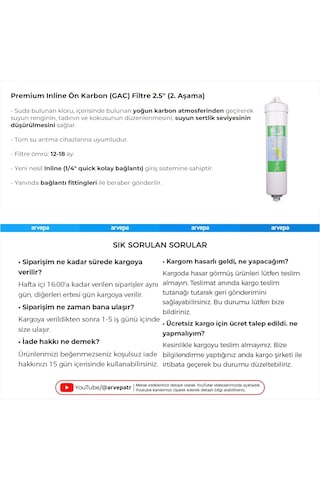 Su Arıtma Cihazı Premium Inline Aşama 2 Ön Karbon Filtre 10 Adet