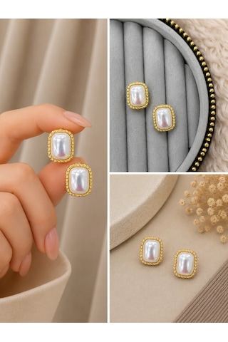 Premium Parlak Gold Renk İnci Görünümlü Şık Dikdörtgen Kadın Bijuteri Küpe Altın - Beyaz