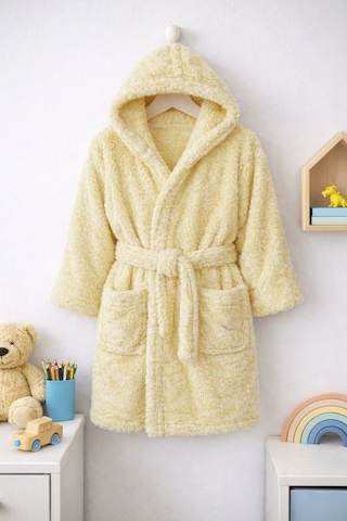 Luna Soft Kız / Erkek Çocuk Kapşonlu Wellsoft Bornoz Peluş Sabahlık Sarı Sarı
