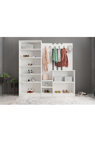 Flora Aynalı Portmanto Vestiyer- Beyaz 225 cm