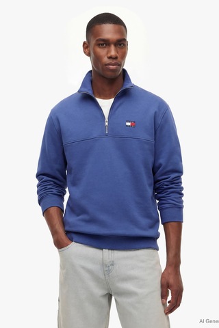 Tommy Hilfiger Tjm Reg Badge Qz Ext Erkek Mavi Sweatshirt - Dm0dm23200