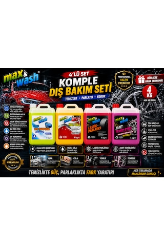 Max&wash 4'lü Komple Dış Bakım Seti 4x4 Kg Cilalı Oto Şampuan + Hızlı Cila + Lastik Parlatıcı + Jant Temizleyici Profesyonel Araç Bakım Seti