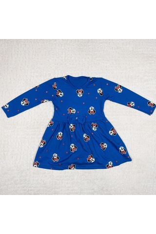 Momikon Minnie Mouse Baskılı Uzun Kollu Pamuklu Mavi Elbise Mavi