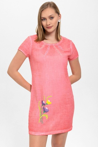 Pembe Çiçek İşlemeli Kısa Kollu Yazlık Astarsız Pamuklu Elbise Pembe