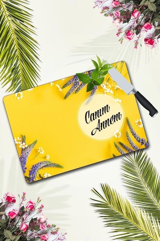 Canım Annem Sarı Karanfil Cam Kesme Tahtası 30 Cm X 40 Cm