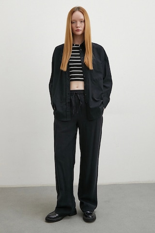 Keten Karışımlı Oversize Gömlek Siyah Siyah