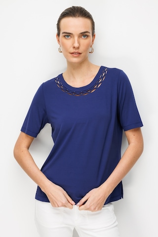 Kadın Sıfır Yaka Yakası Çift Şeritli Taşlı Penye T-shirt Lacivert Lacivert