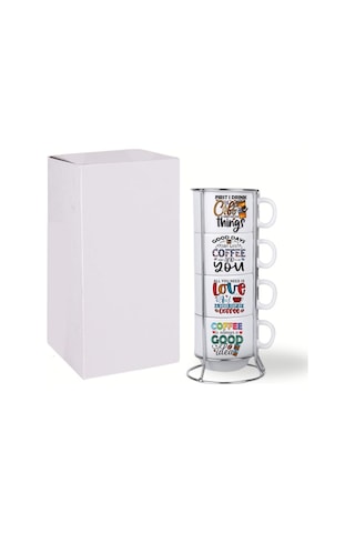 Deepcraft Stantlı 4'lü Fincan Seti Çıkmaz Baskılı Good Vibes Motto Desenli 4 Adet Fincan Seti 190 Ml Beyaz