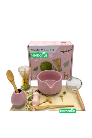 Herbarius 8 Parça Mat Pudra Pembe Renk Matcha Çayı Hazırlama Seti - Geleneksel Japon Matcha Seti