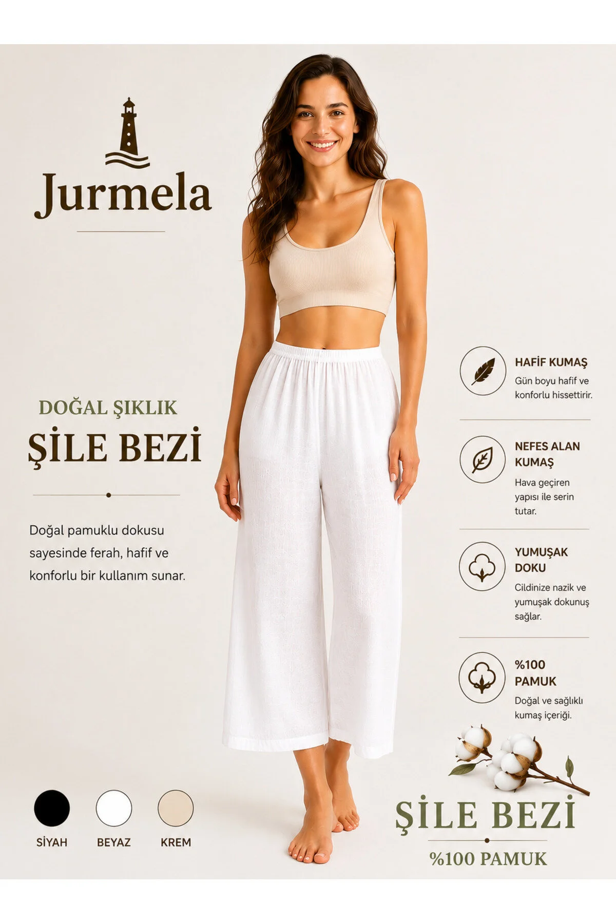 Jurmela Şile Bezi Pamuklu Beli Lastikli Jüpon Rahat Kesim Pantolon Astar Kombinezon İçlik Beyaz