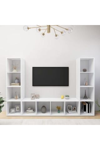 Tdesıgno Yigit Kitaplıklı Televizyon Sehpası - Ünitesi -kitaplık-beyaz 180 Cm 12 Raflı Beyaz