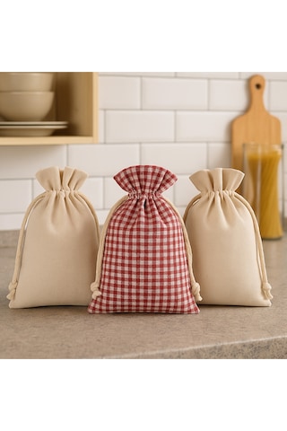 Kuru Gıda Ve Kahve Saklama Kesesi 3 Lü Set Pamuklu Büzgülü Kumaş Kese Bej